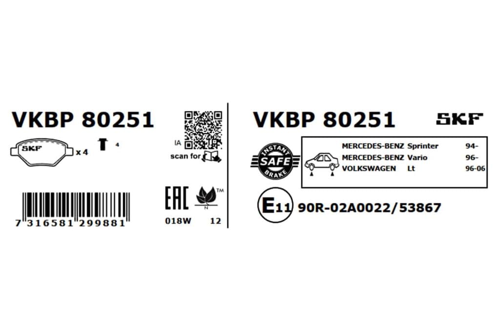Jeu de 4 plaquettes de frein SKF ref. VKBP 80251